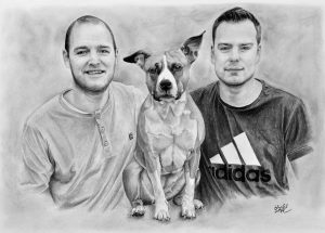 Kresba mladých mužů se psem